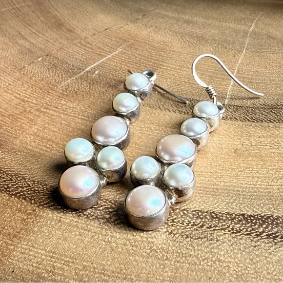 925 Sterling Silver Pearl Dangle Earrings - White & Pink Pearl Drop Artisan - Picture 3 of 7
